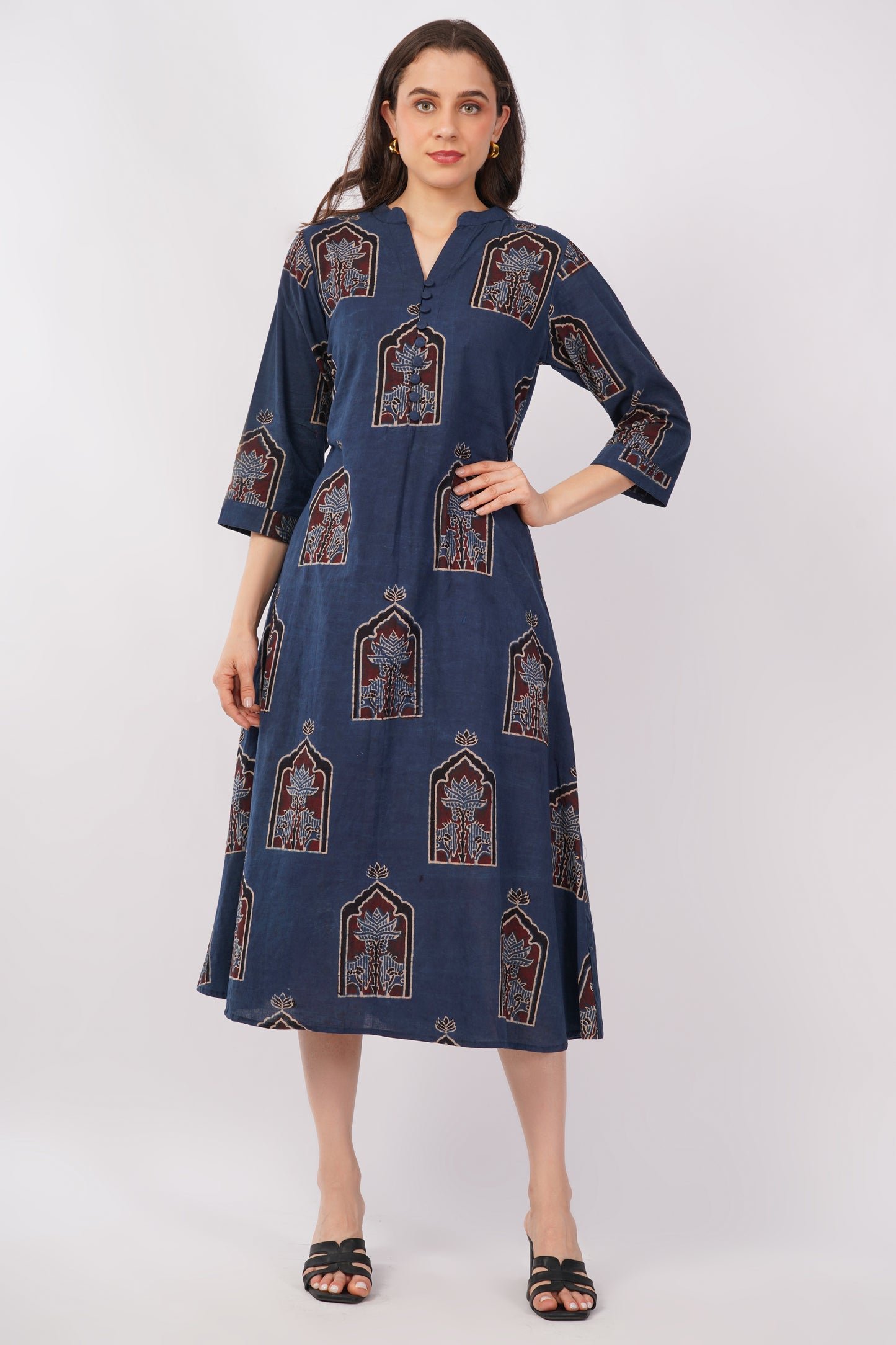 Indigo Ajrakh Print Pure Cotton Midi Dress for Women