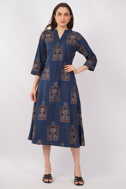 Indigo Ajrakh Print Pure Cotton Midi Dress for Women