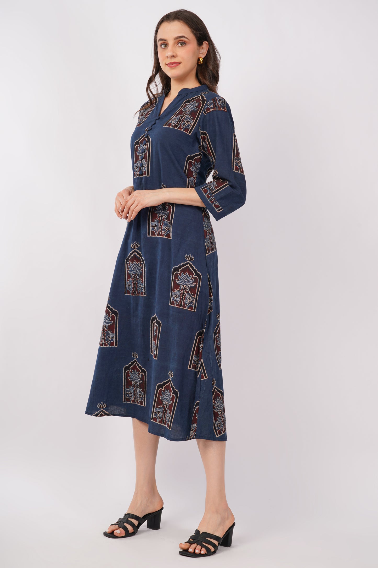 Indigo Ajrakh Print Pure Cotton Midi Dress for Women