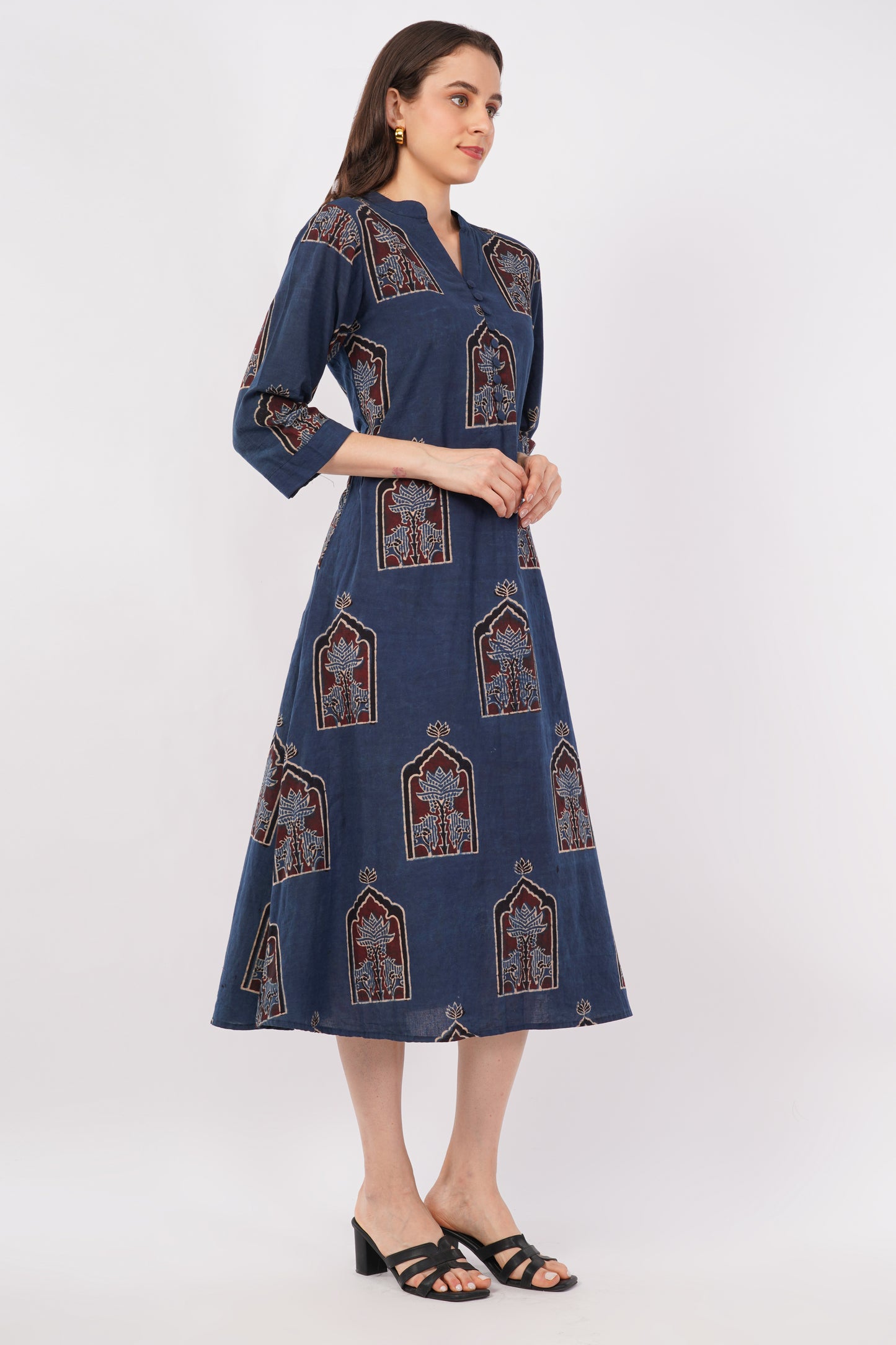 Indigo Ajrakh Print Pure Cotton Midi Dress for Women