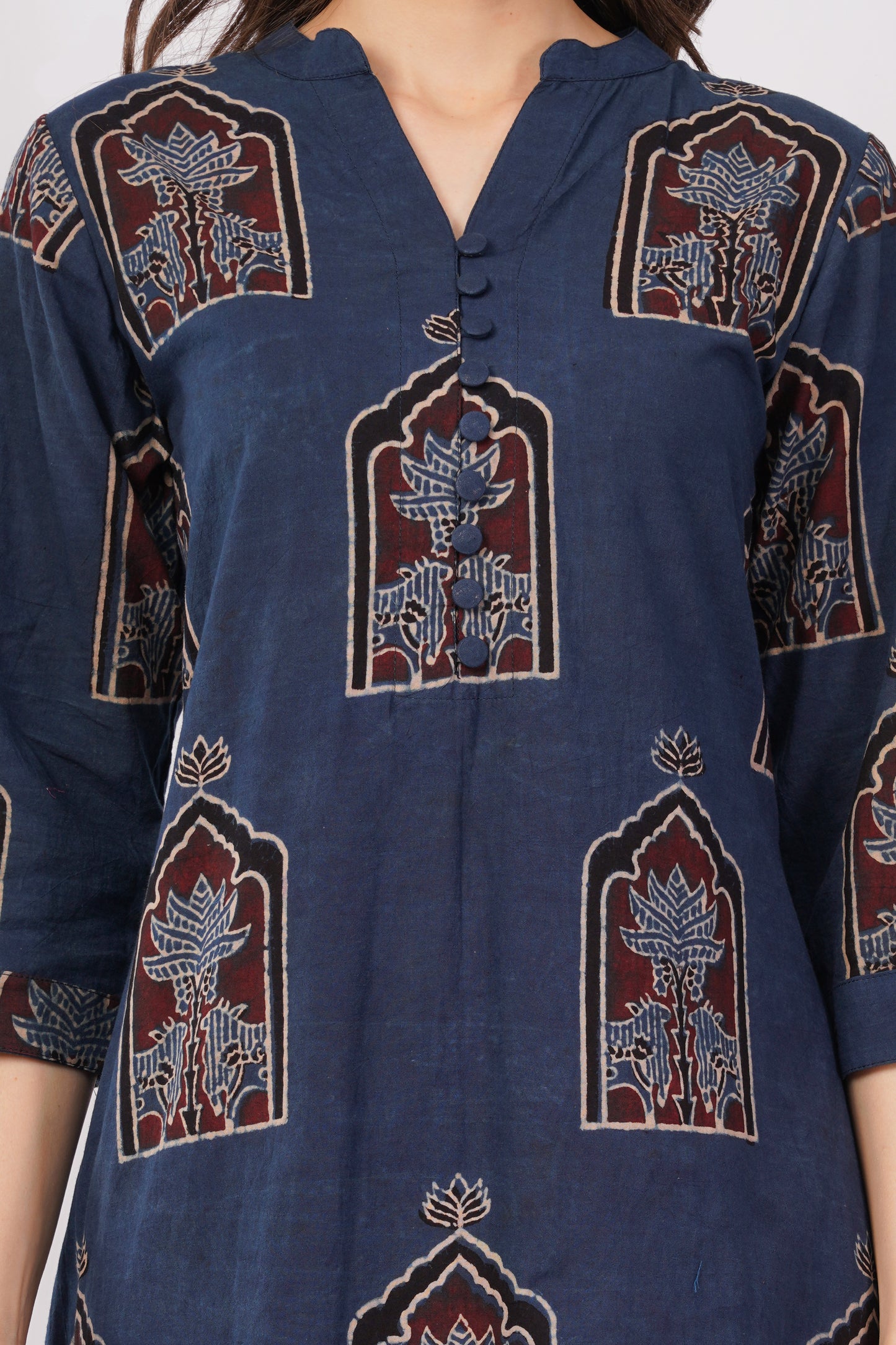 Indigo Ajrakh Print Pure Cotton Midi Dress for Women