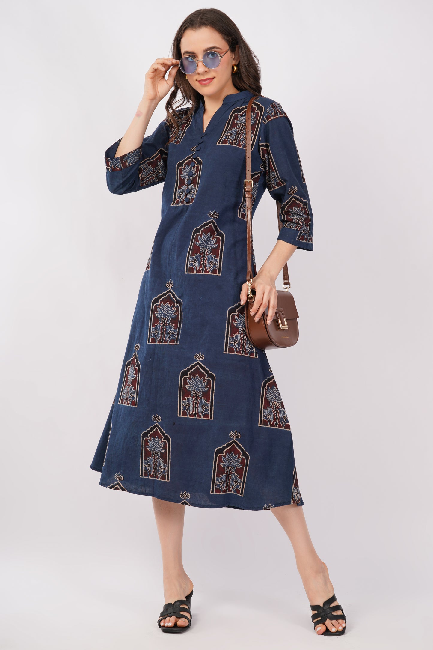 Indigo Ajrakh Print Pure Cotton Midi Dress for Women