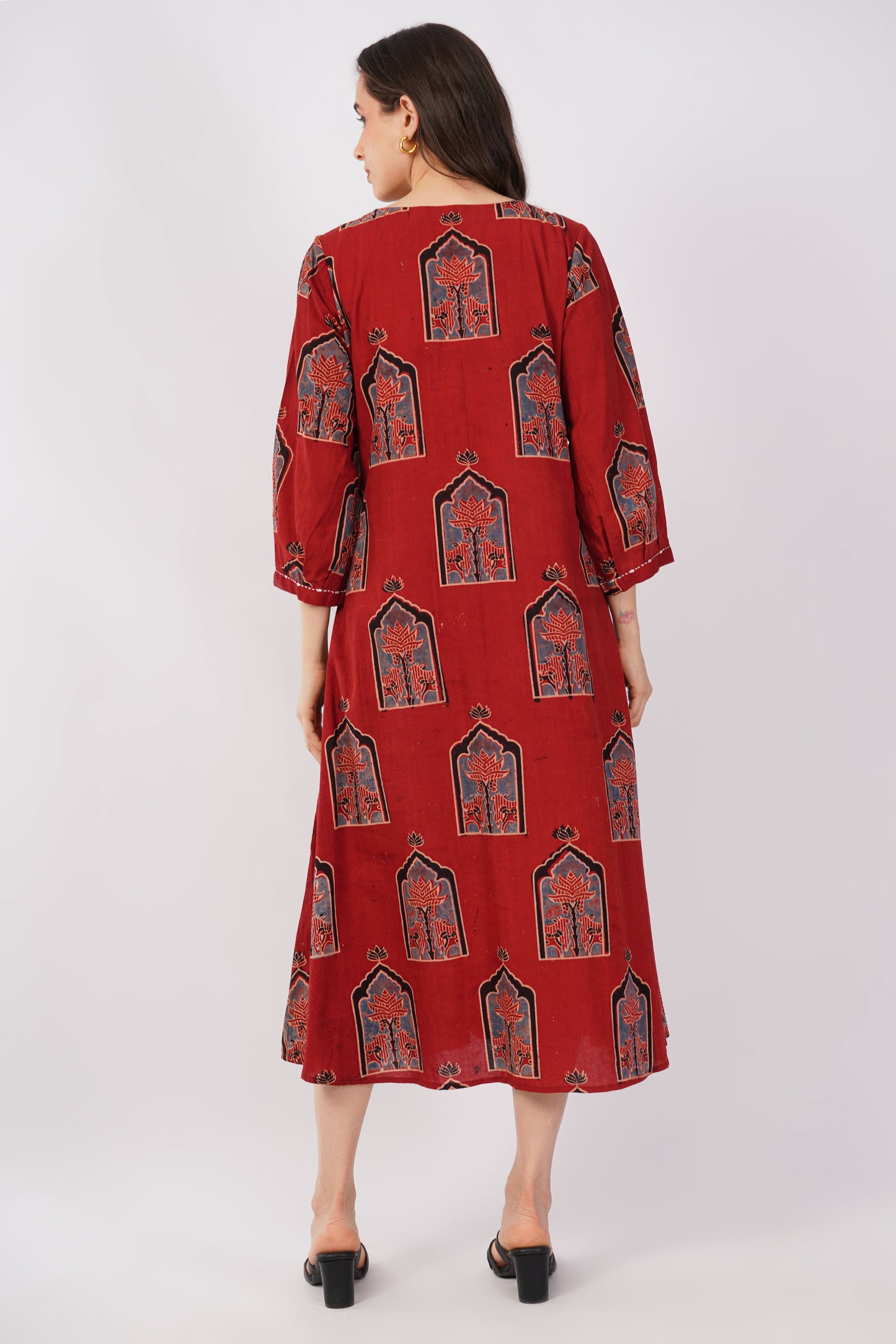Red Ajrakh Print Pure Cotton Midi Dress for Women