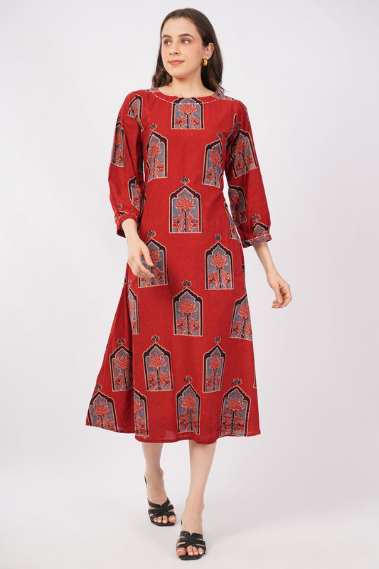Red Ajrakh Print Pure Cotton Midi Dress for Women
