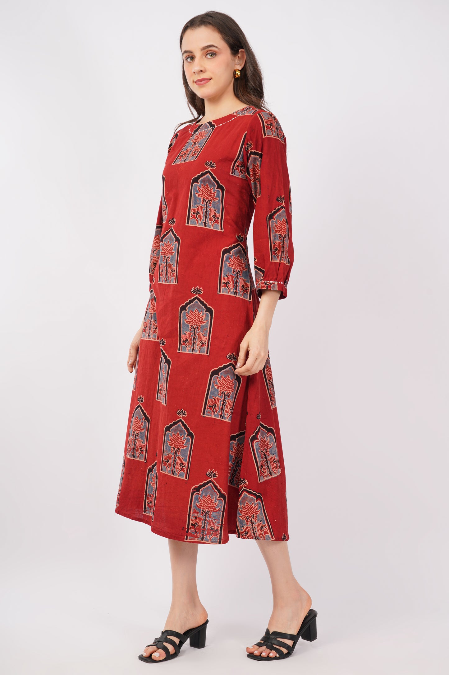 Red Ajrakh Print Pure Cotton Midi Dress for Women