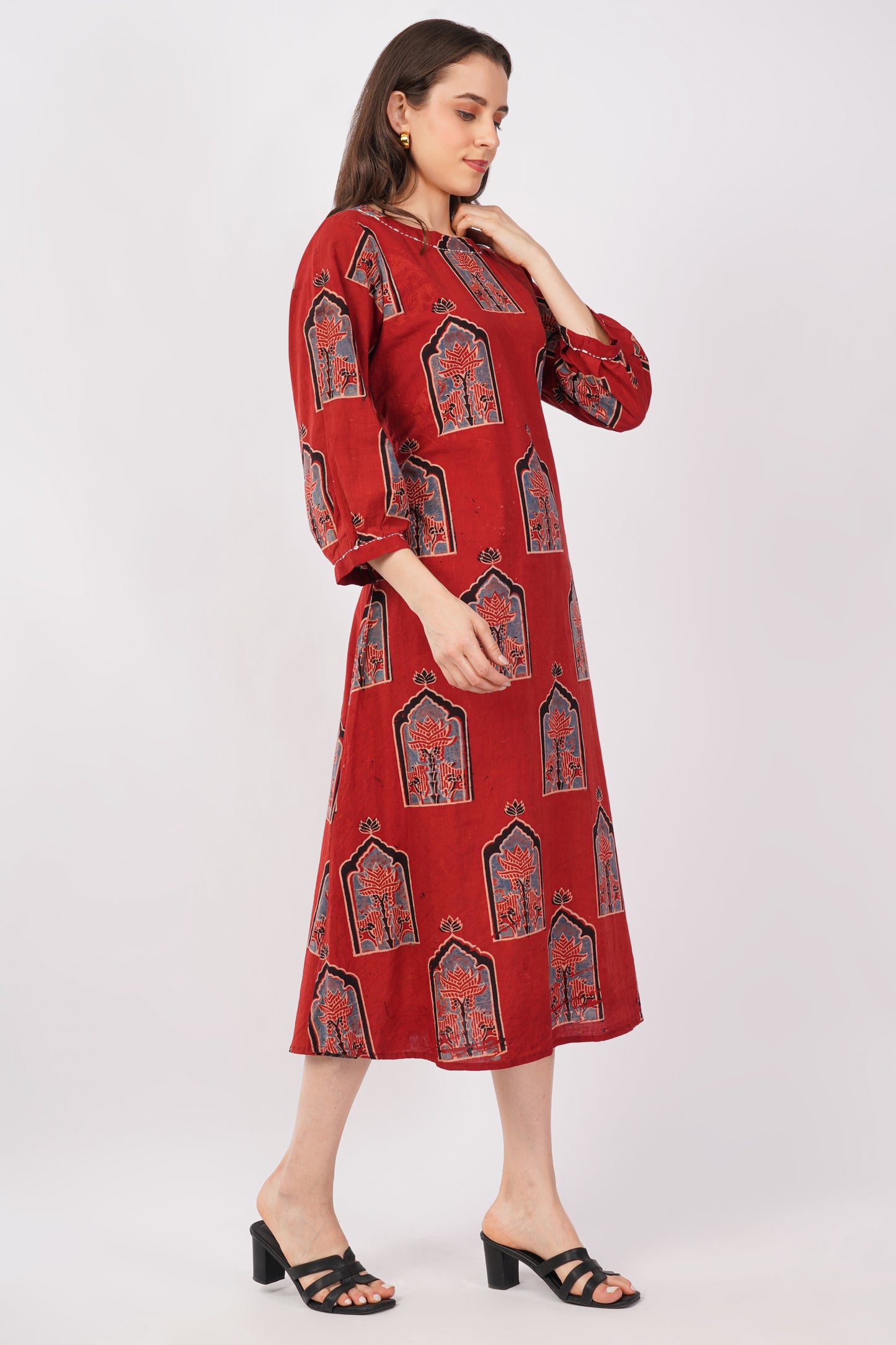 Red Ajrakh Print Pure Cotton Midi Dress for Women