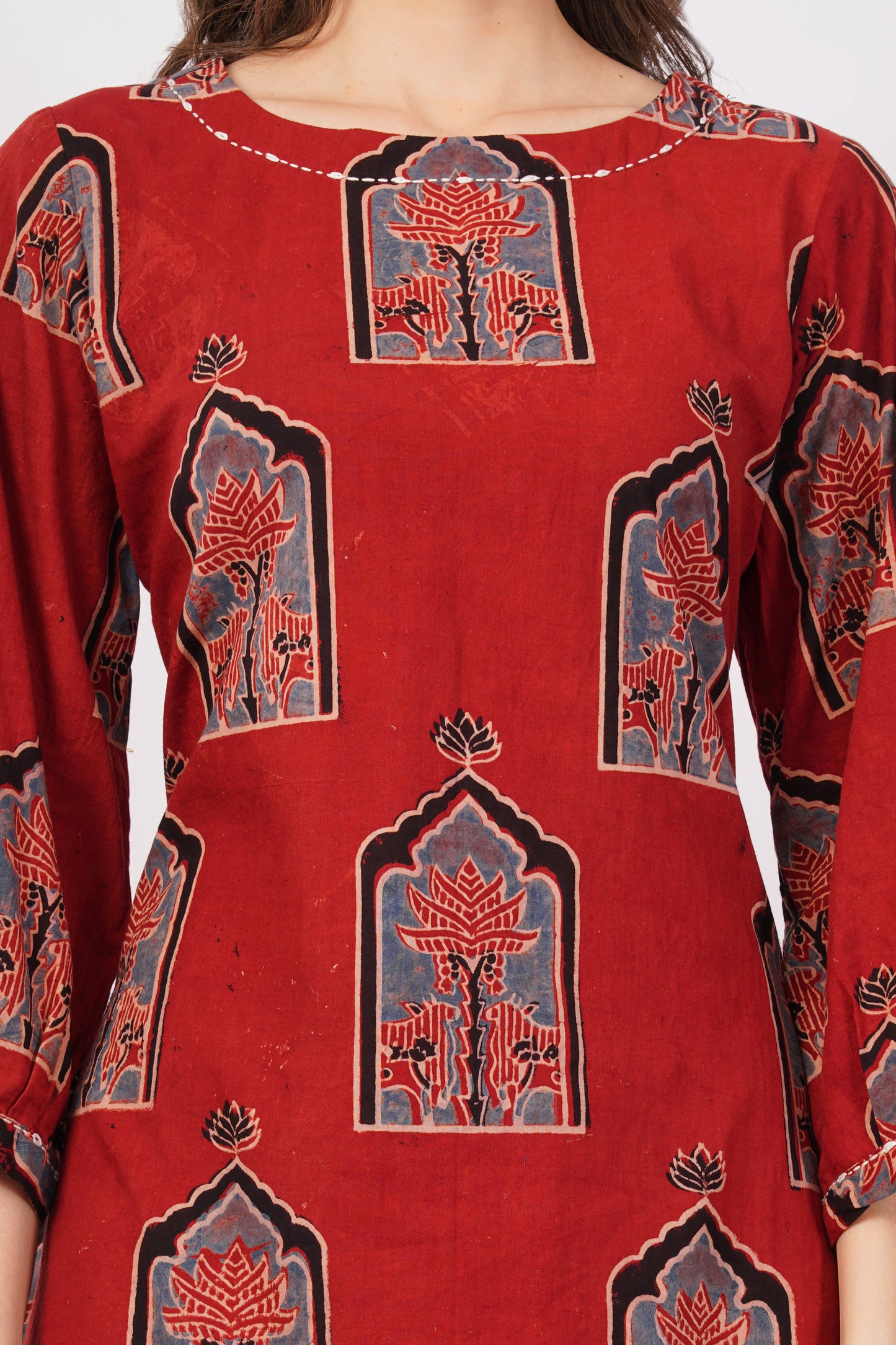 Red Ajrakh Print Pure Cotton Midi Dress for Women