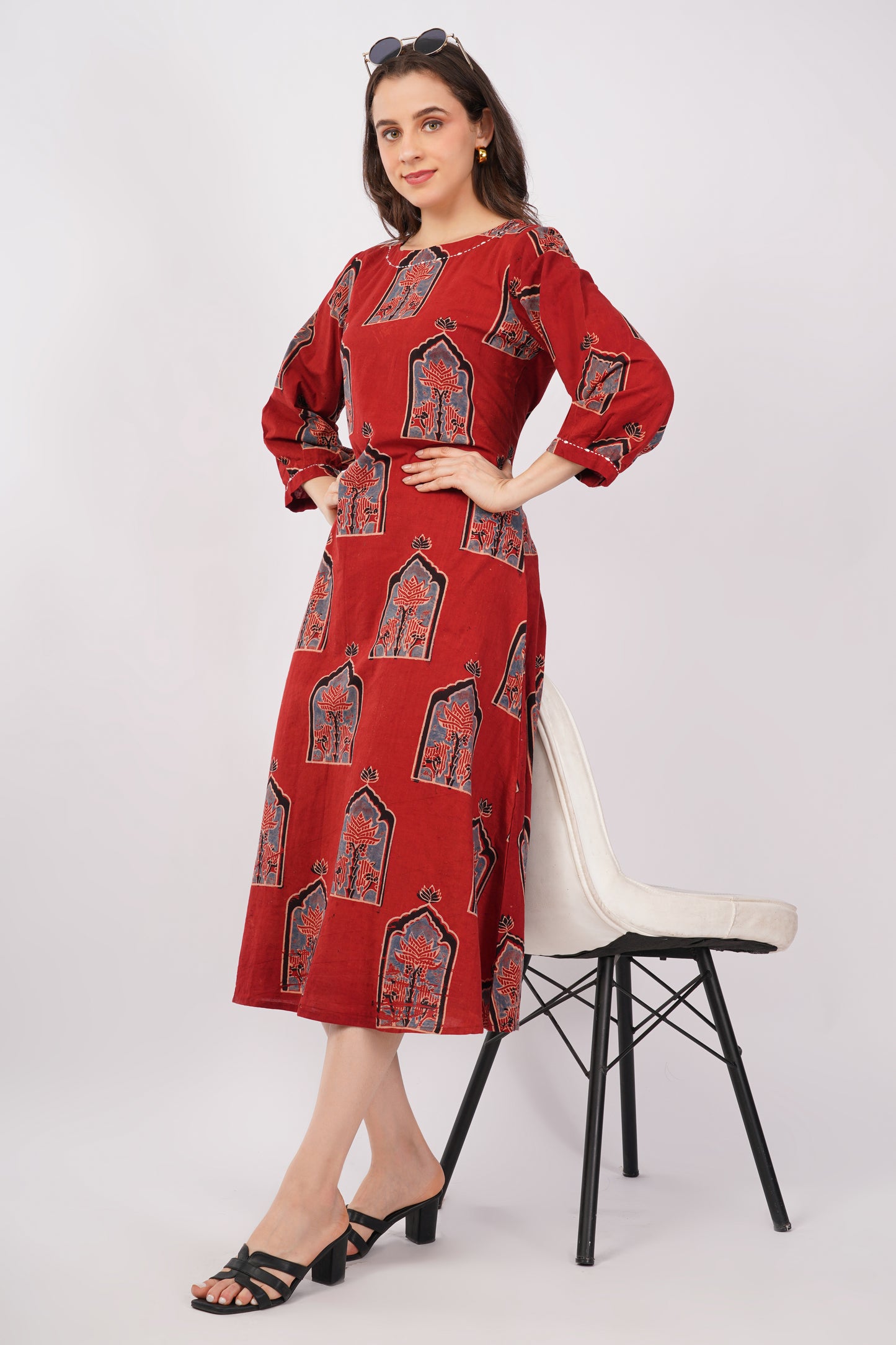 Red Ajrakh Print Pure Cotton Midi Dress for Women