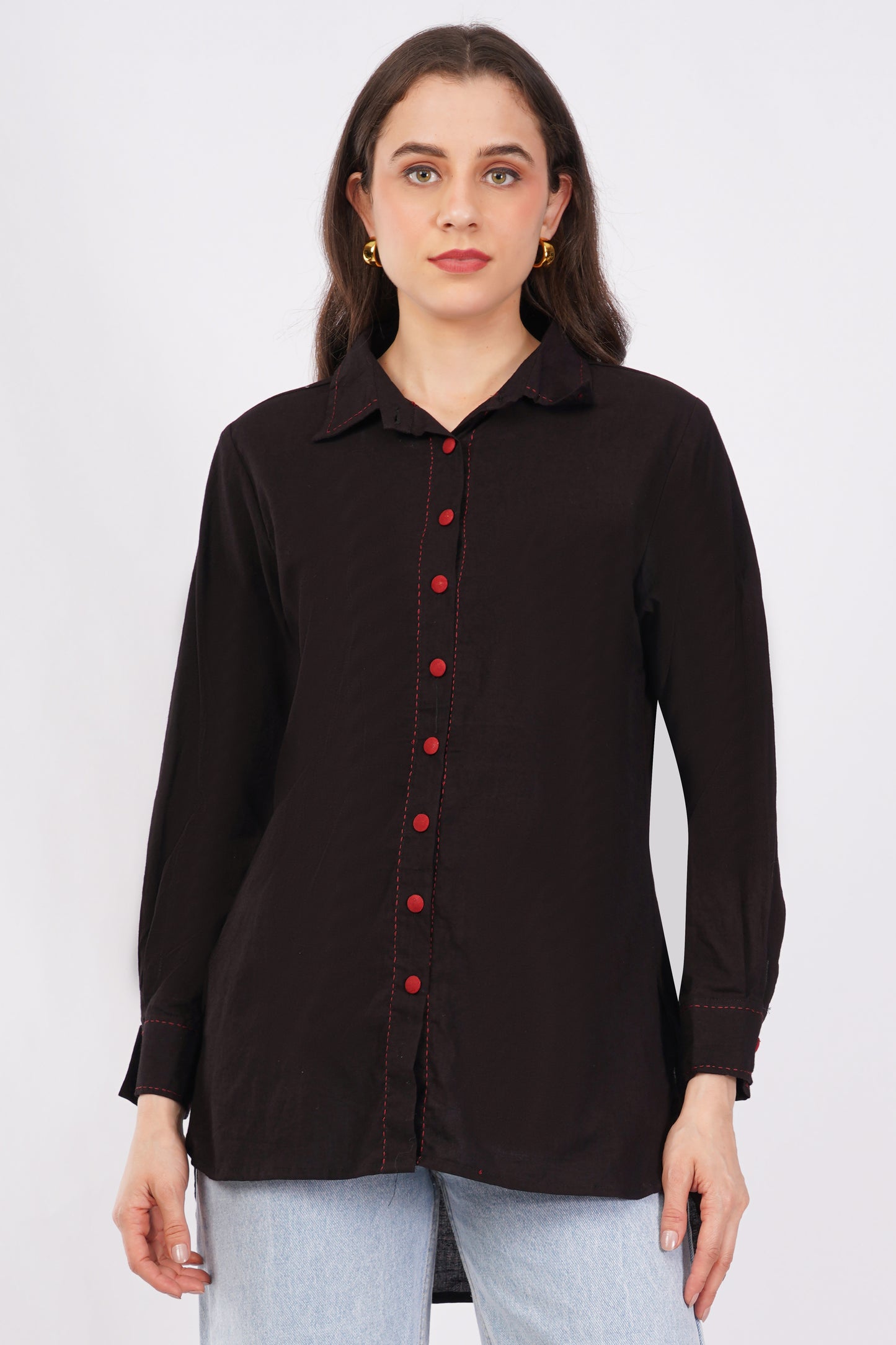 Black Pure Cotton Longline Shirt Top for Women