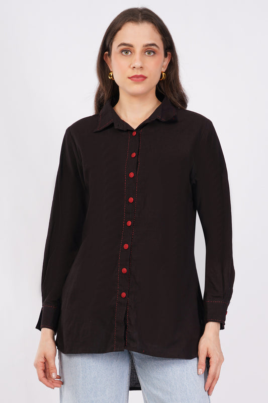 Black Pure Cotton Longline Shirt Top for Women