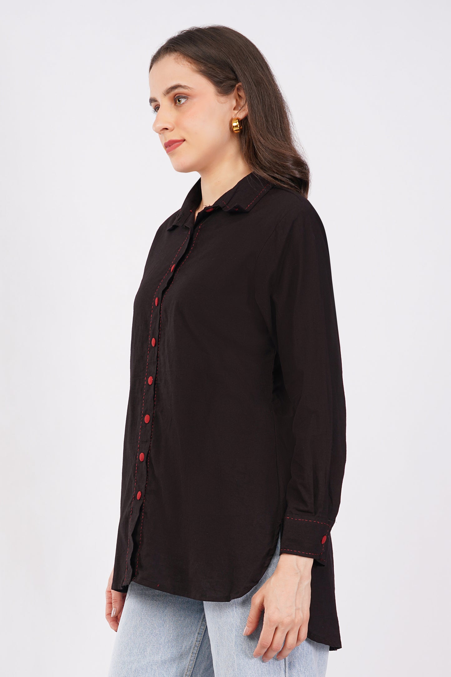 Black Pure Cotton Longline Shirt Top for Women