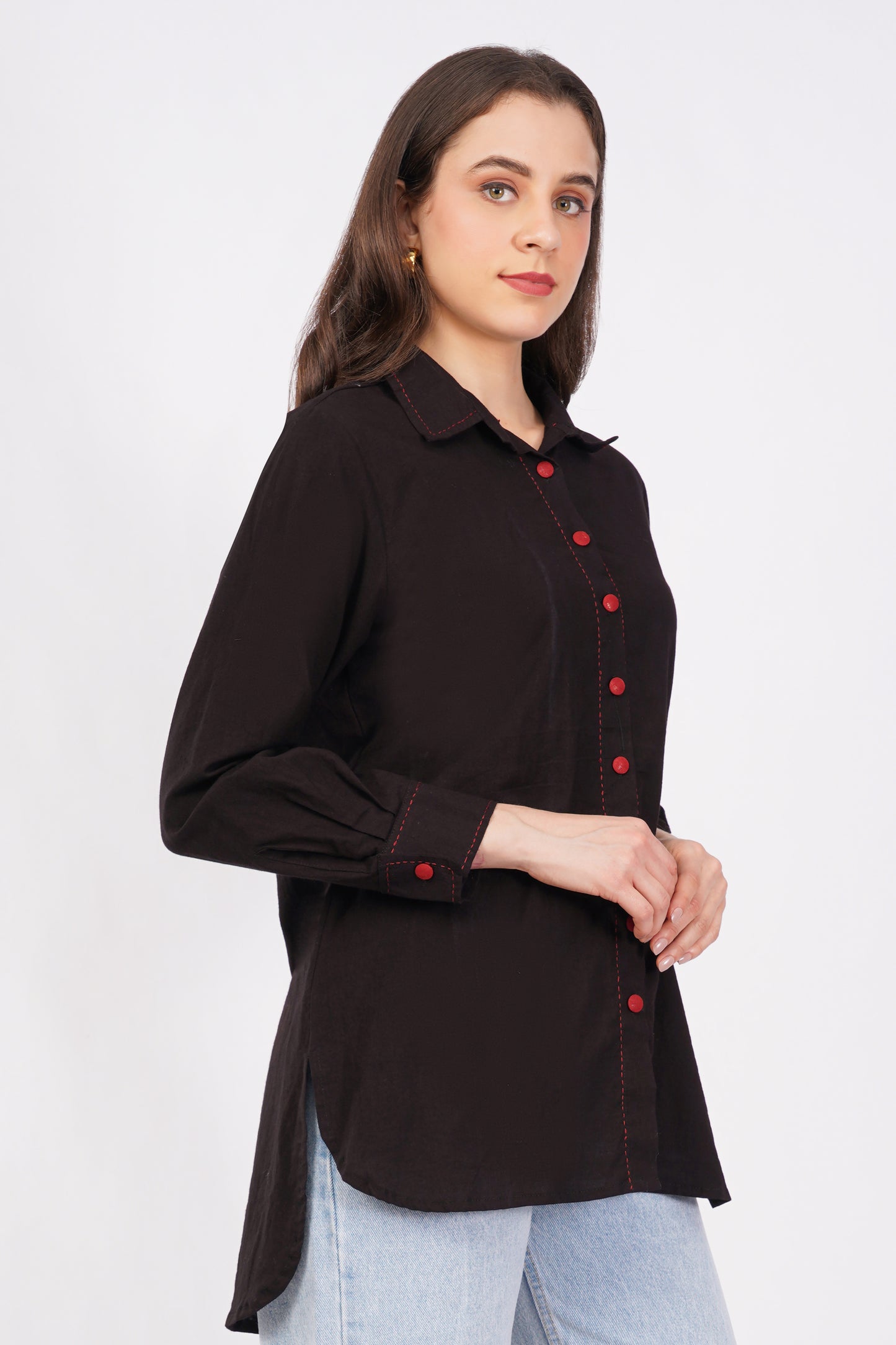 Black Pure Cotton Longline Shirt Top for Women