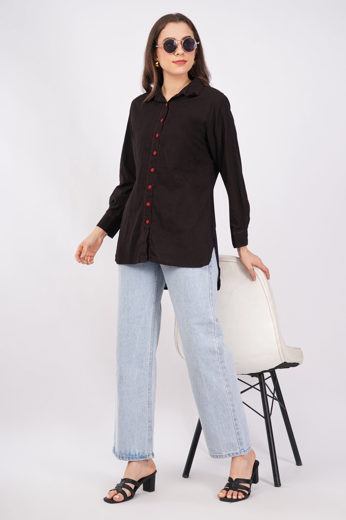 Black Pure Cotton Longline Shirt Top for Women