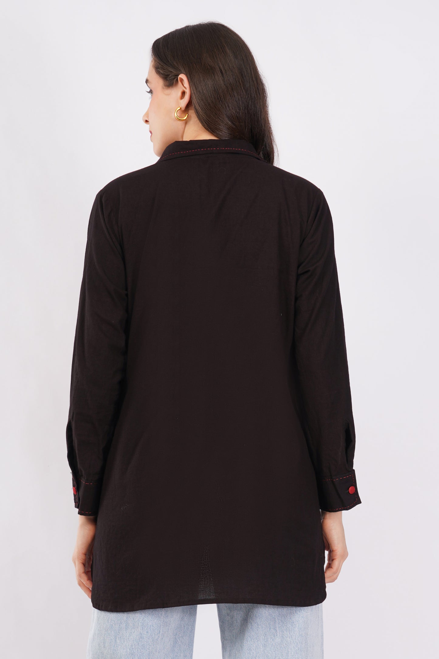 Black Pure Cotton Longline Shirt Top for Women