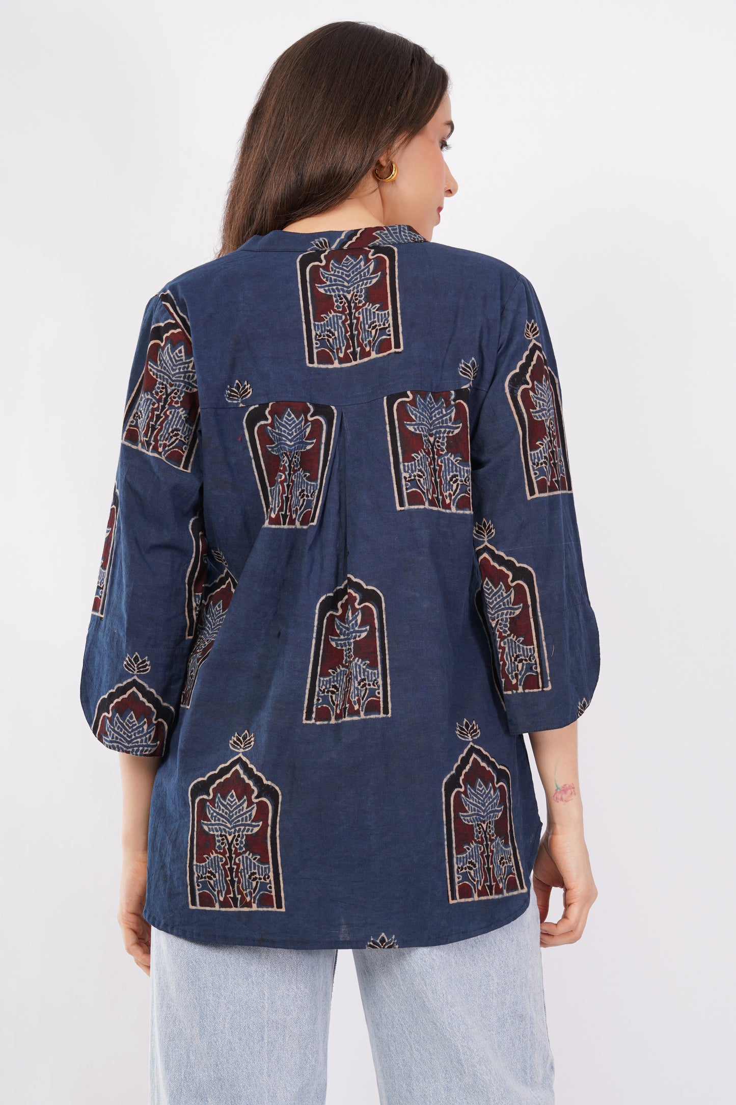 Indigo Ajrakh Print Pure Cotton Top for Women