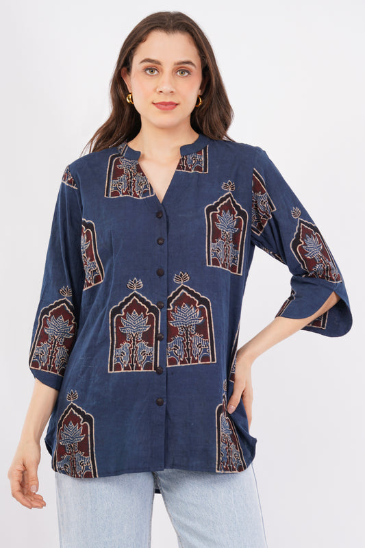 Indigo Ajrakh Print Pure Cotton Top for Women