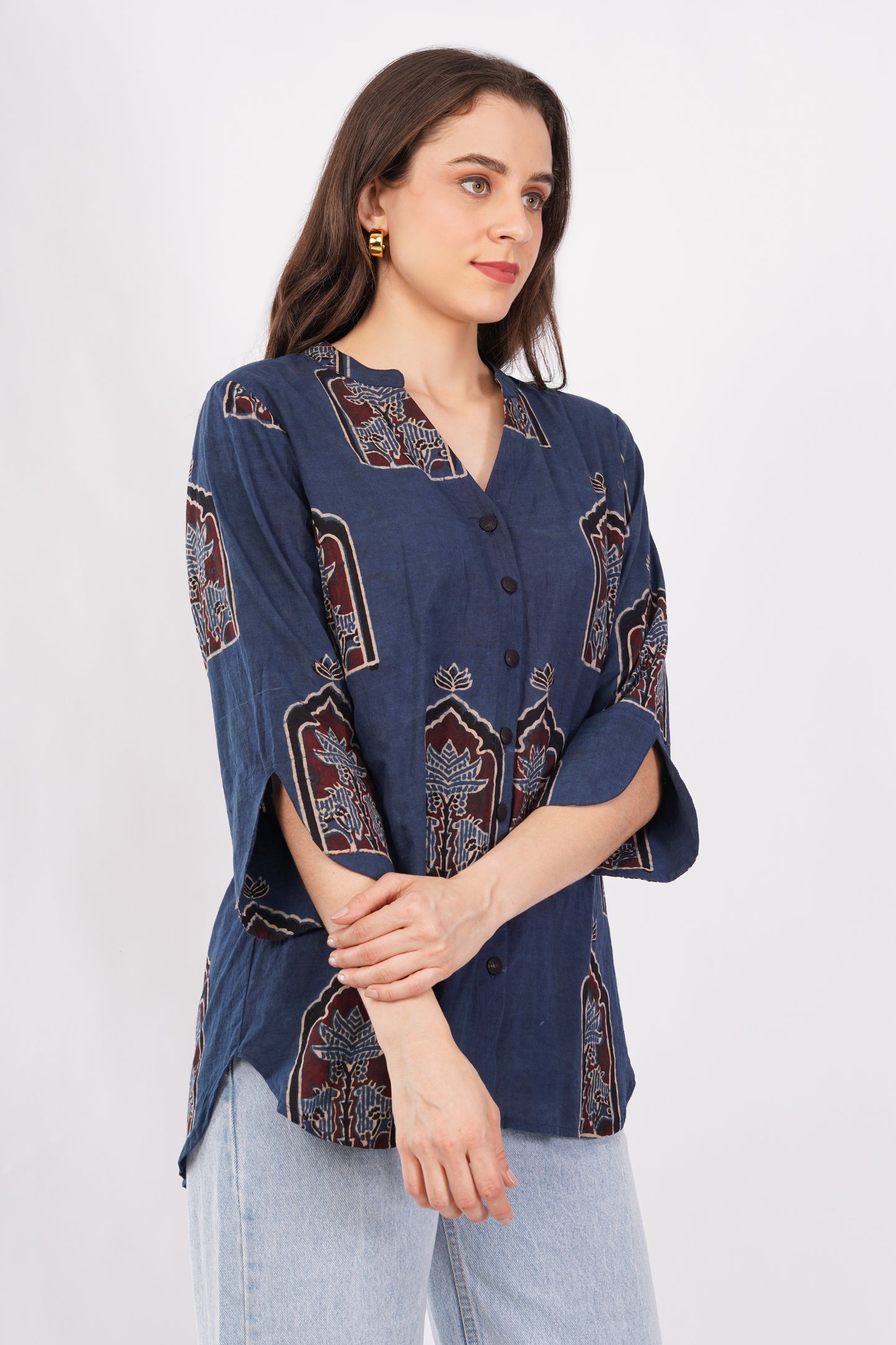 Indigo Ajrakh Print Pure Cotton Top for Women