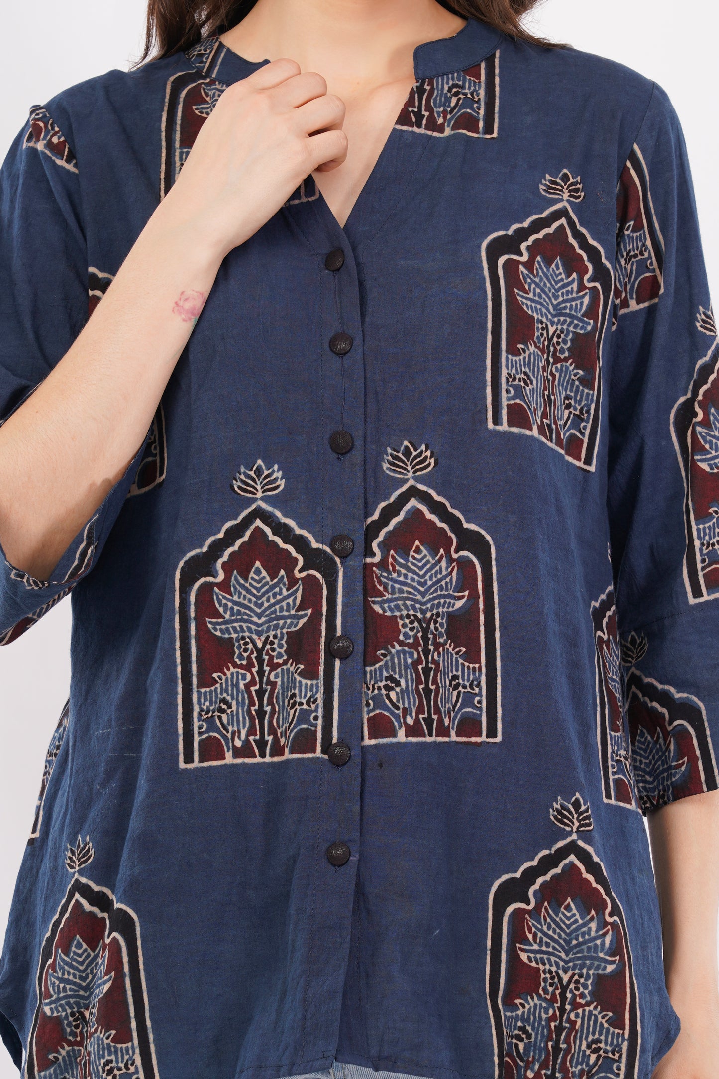 Indigo Ajrakh Print Pure Cotton Top for Women