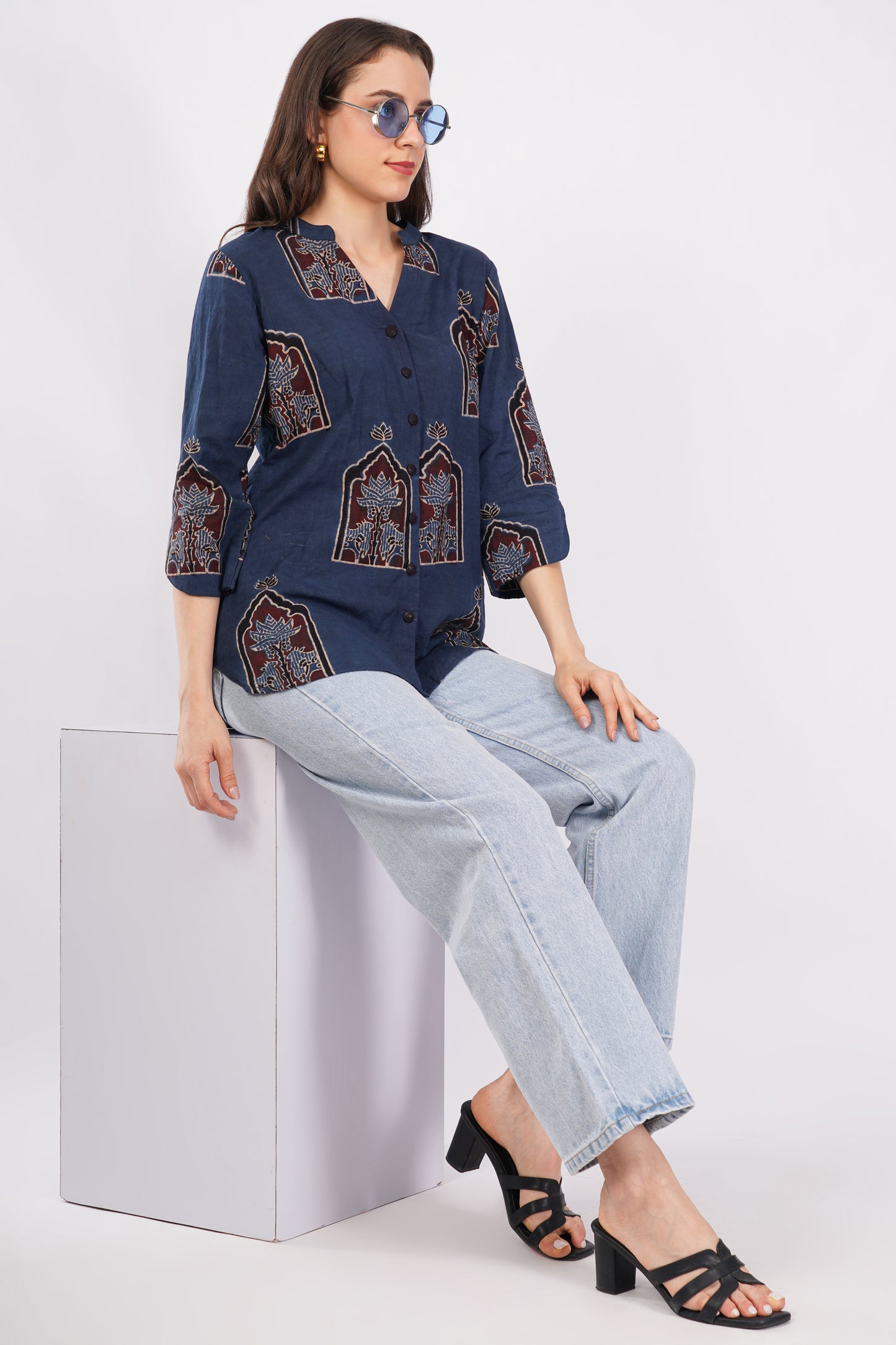 Indigo Ajrakh Print Pure Cotton Top for Women