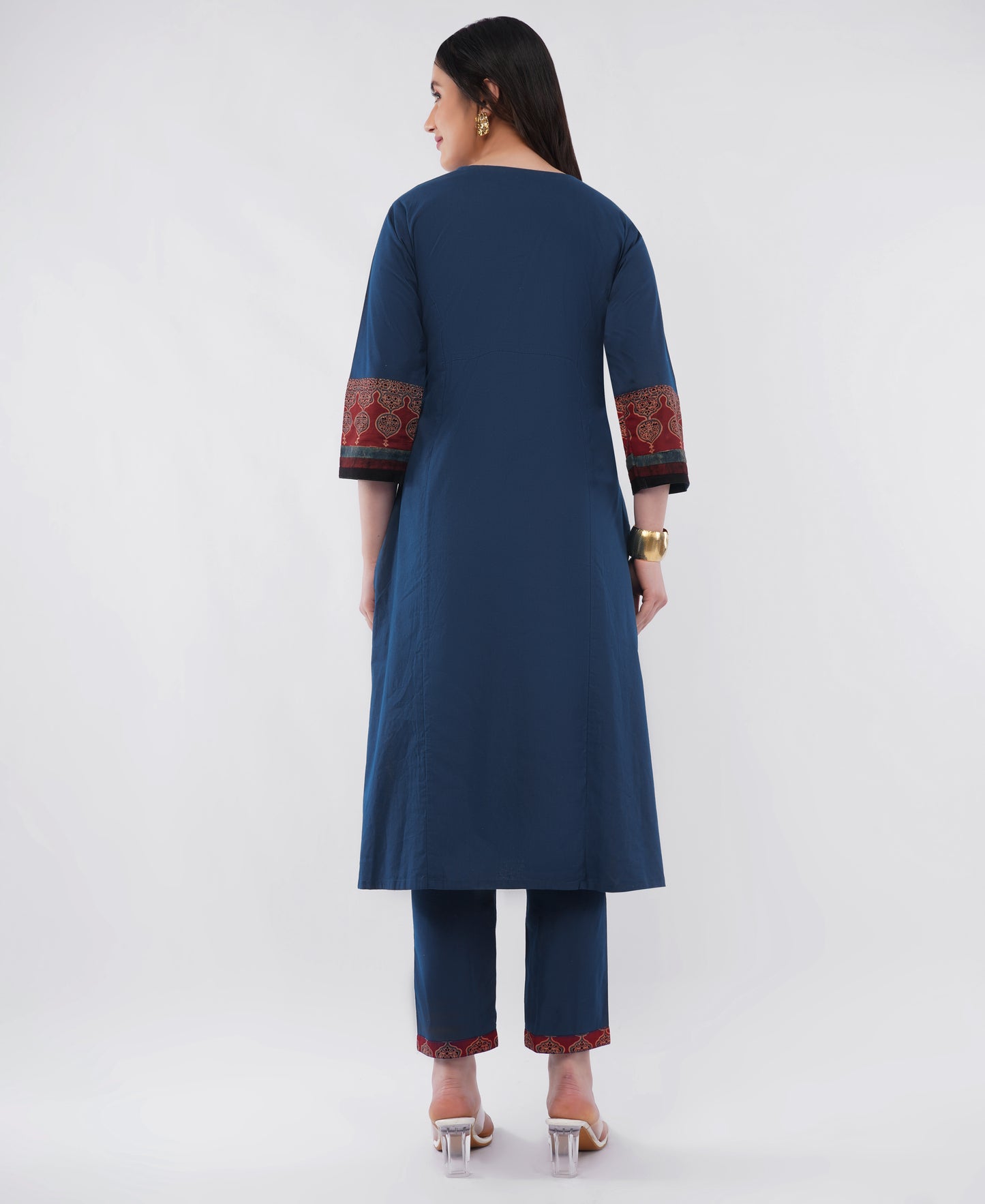 Navy Blue Pure Cotton Kurta Pant Set with Ajrakh Yoke & Handwork