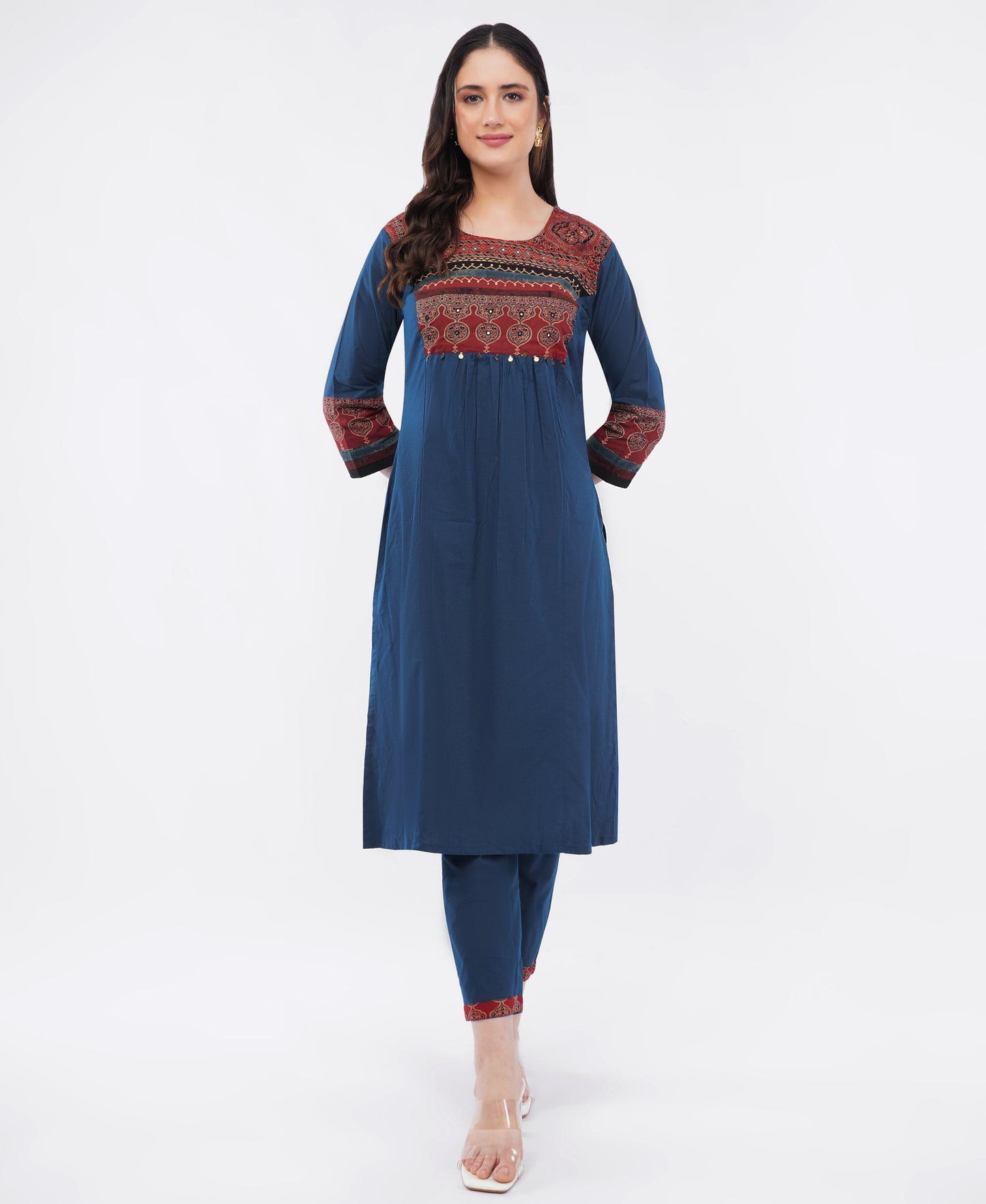Navy Blue Pure Cotton Kurta Pant Set with Ajrakh Yoke & Handwork