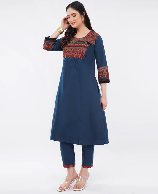 Navy Blue Pure Cotton Kurta Pant Set with Ajrakh Yoke & Handwork