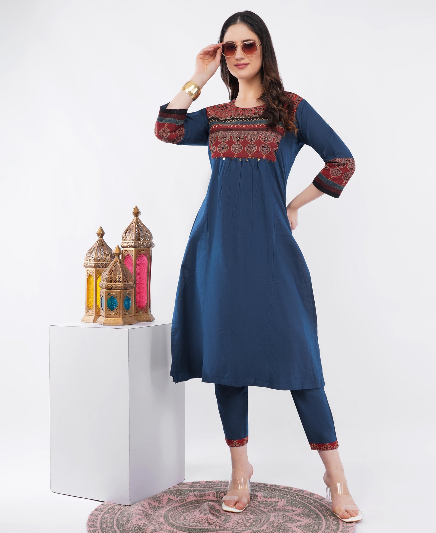 Navy Blue Pure Cotton Kurta Pant Set with Ajrakh Yoke & Handwork