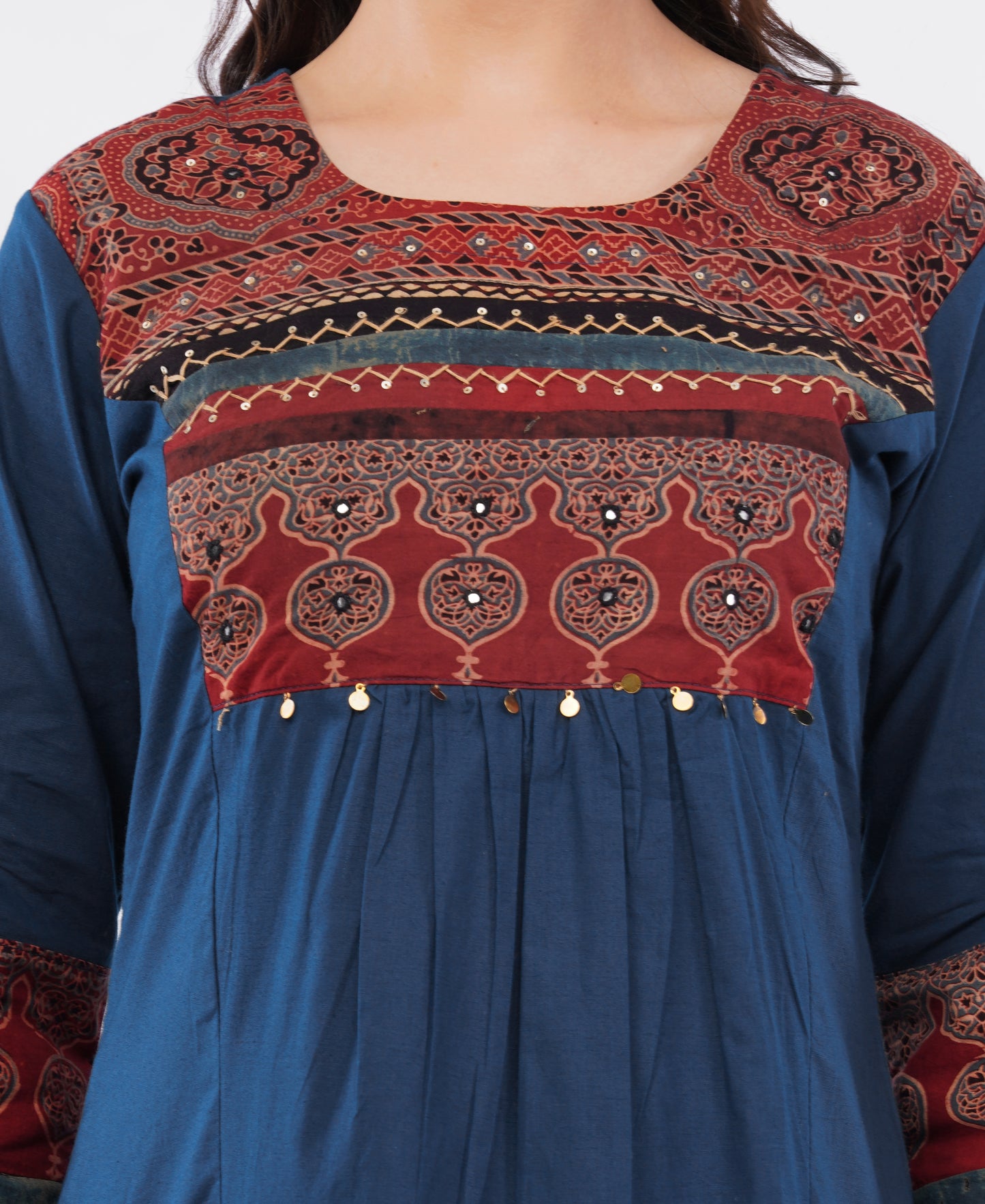 Navy Blue Pure Cotton Kurta Pant Set with Ajrakh Yoke & Handwork