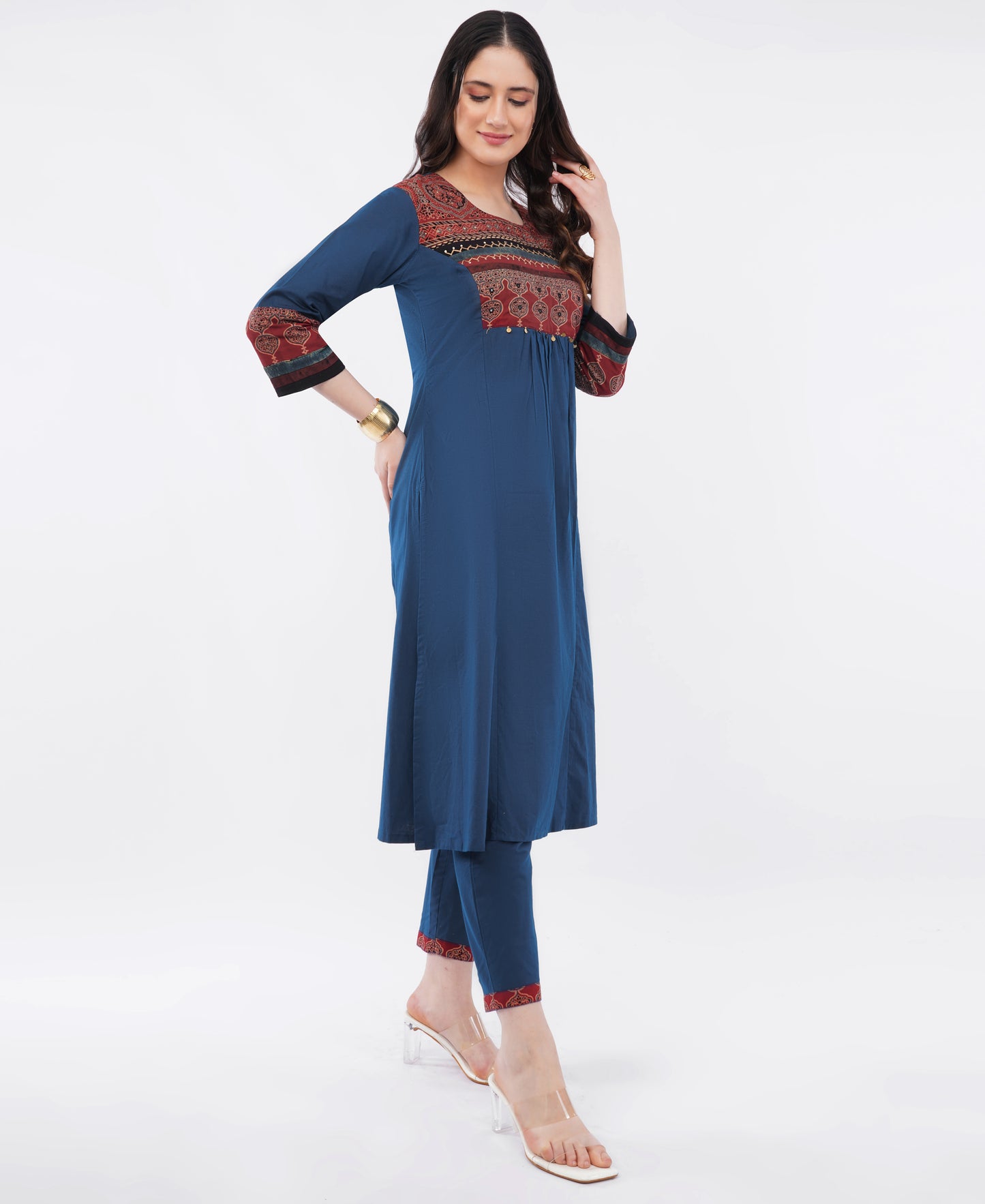 Navy Blue Pure Cotton Kurta Pant Set with Ajrakh Yoke & Handwork