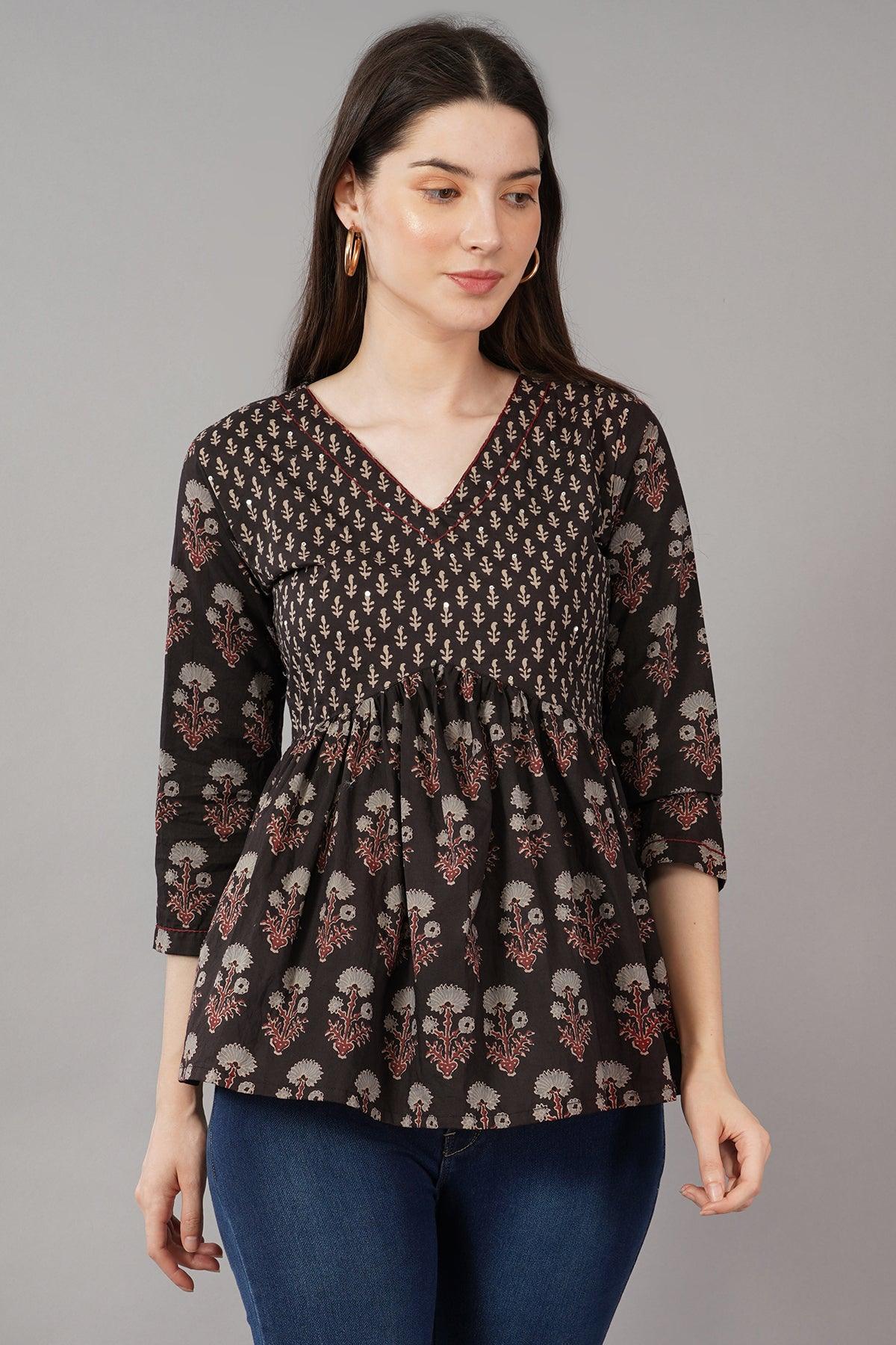 Floral Print V-Neck Flared Tunic Navsyaa