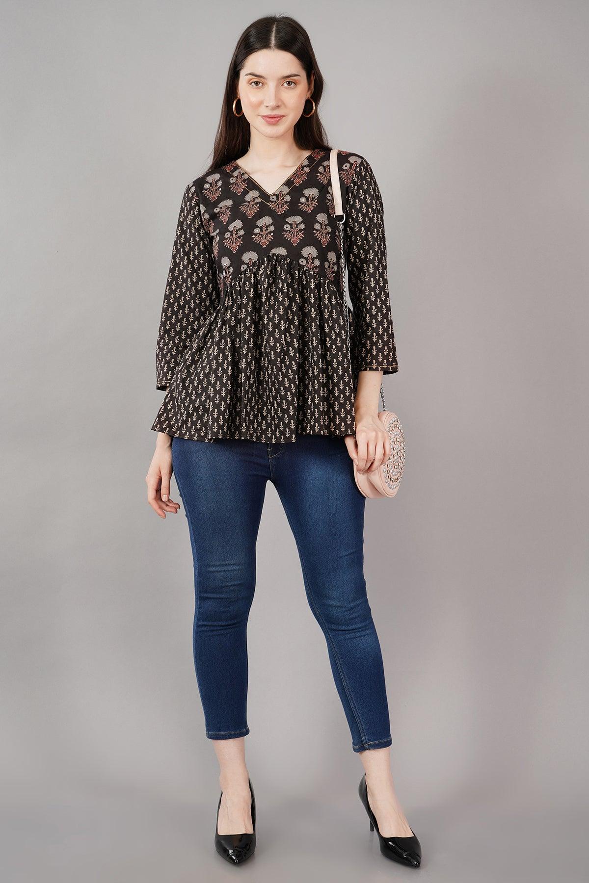 Floral Print V-Neck Flared Tunic Navsyaa