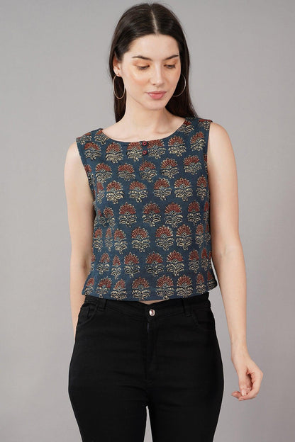 Indigo Ajrak Print Slim Fit crop Top Navsyaa