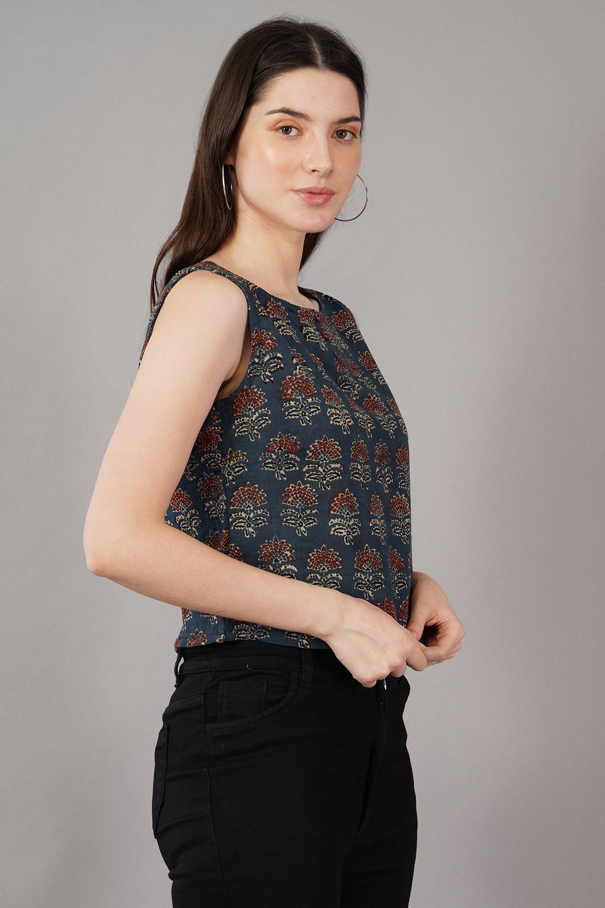 Indigo Ajrak Print Slim Fit crop Top Navsyaa