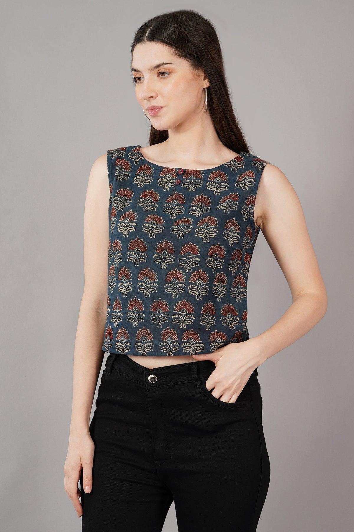 Indigo Ajrak Print Slim Fit crop Top Navsyaa