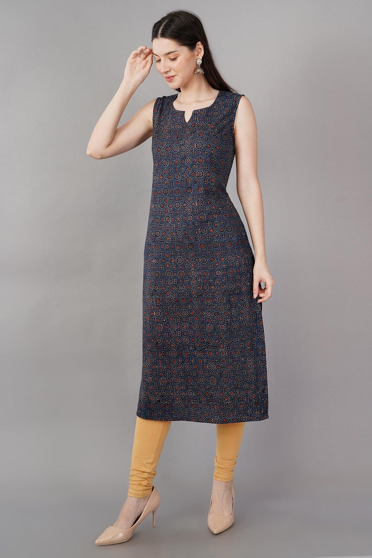 Indigo Cotton Ajrakh Printed Long Kurta Navsyaa