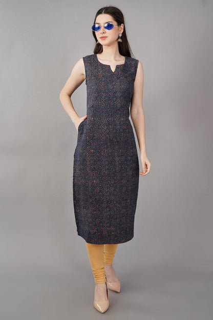 Indigo Cotton Ajrakh Printed Long Kurta Navsyaa