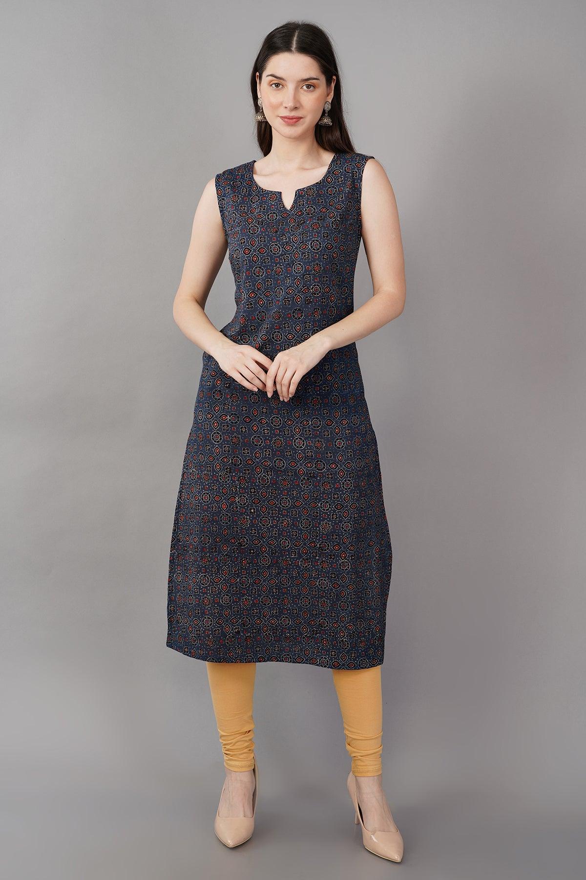 Indigo Cotton Ajrakh Printed Long Kurta Navsyaa