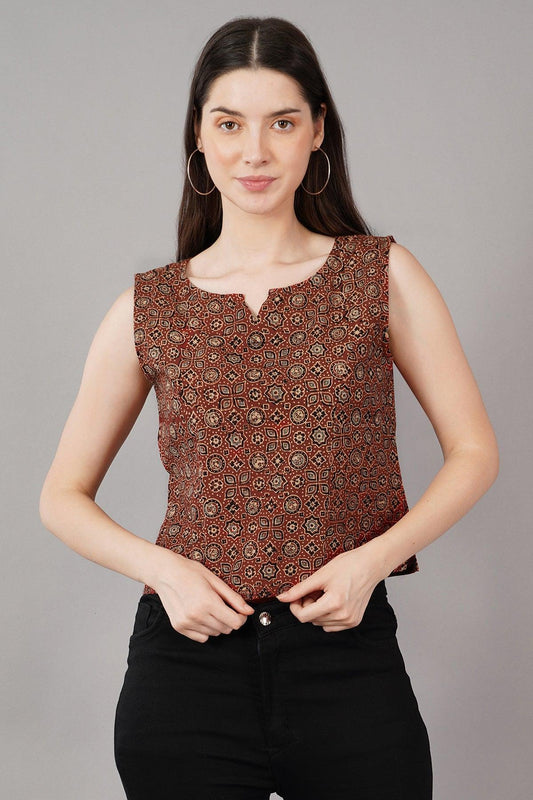 Maroon Ajrak Print Slim Fit crop Top Navsyaa