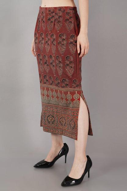 Maroon Ajrakh Print Straight Skirt Navsyaa