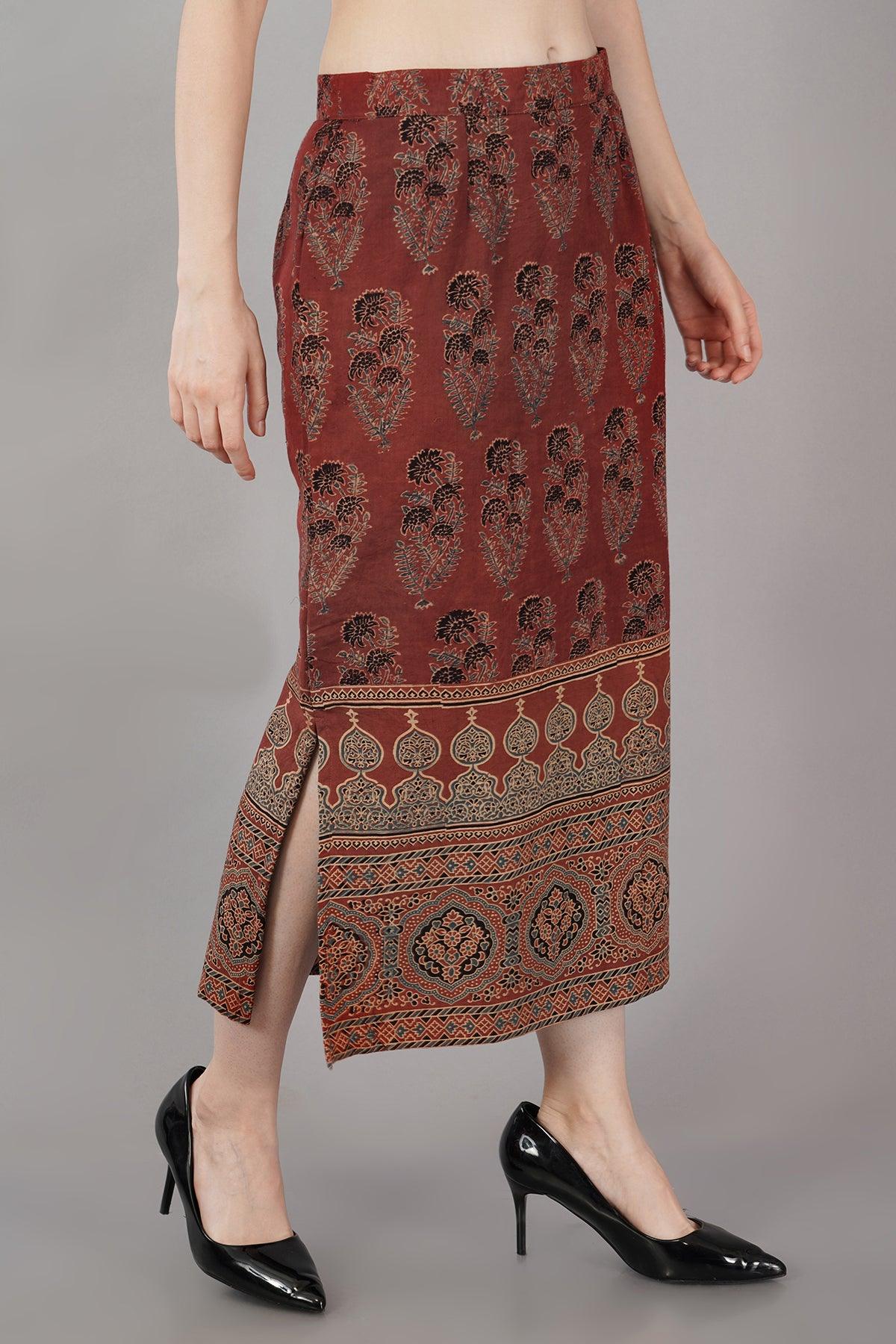 Maroon Ajrakh Print Straight Skirt Navsyaa