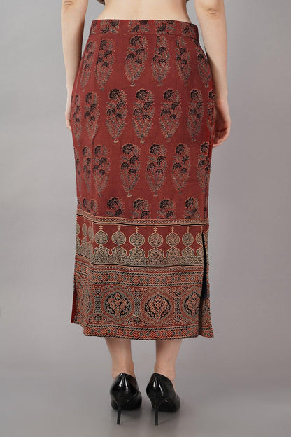 Maroon Ajrakh Print Straight Skirt Navsyaa