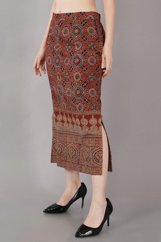 Maroon Ajrakh Print Straight Skirt Navsyaa