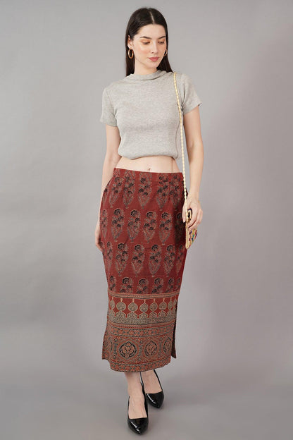 Maroon Ajrakh Print Straight Skirt Navsyaa