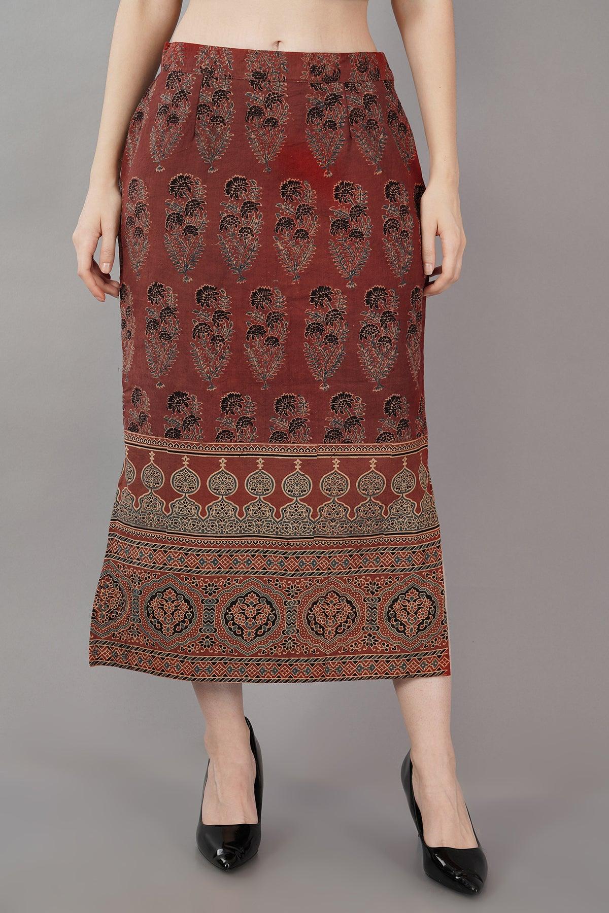 Maroon Ajrakh Print Straight Skirt Navsyaa