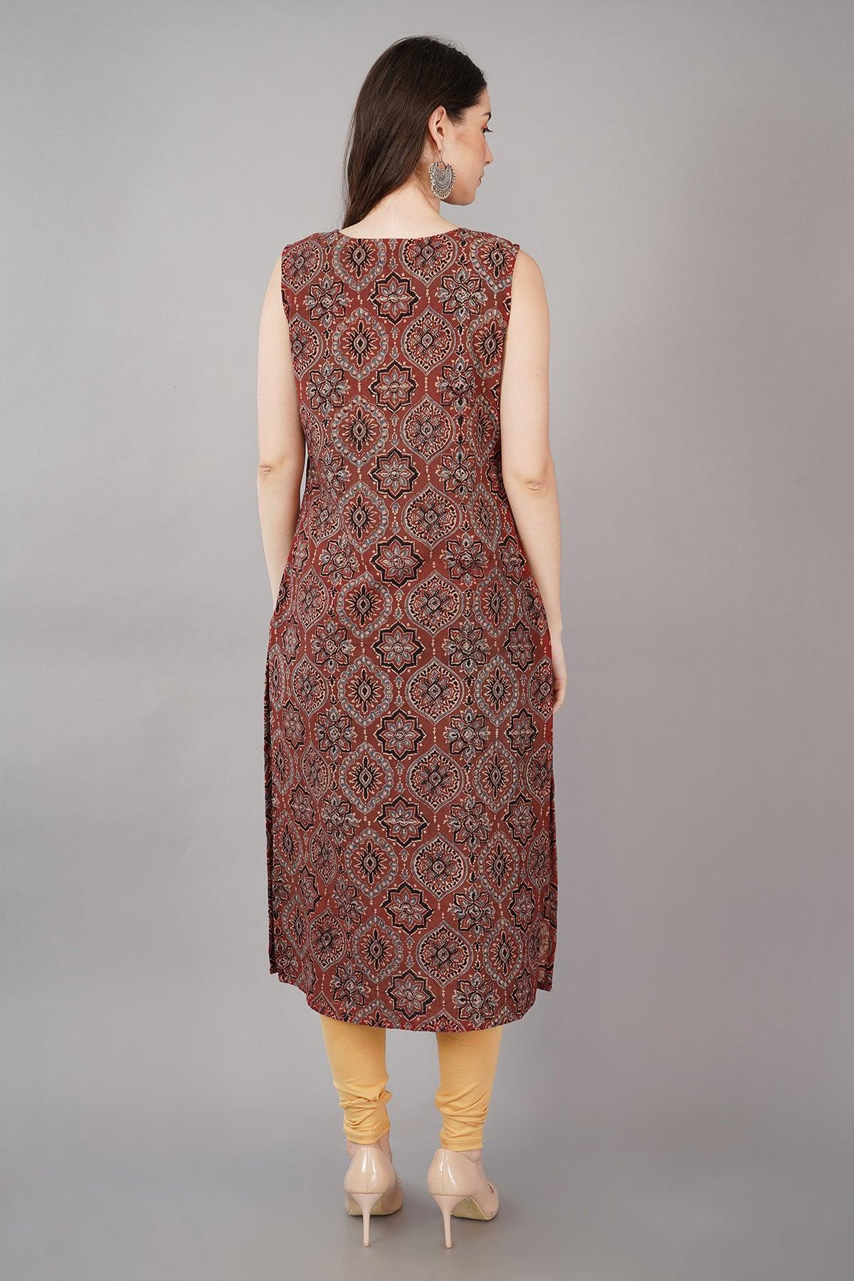 Maroon Cotton Ajrakh Printed Long Kurta Navsyaa