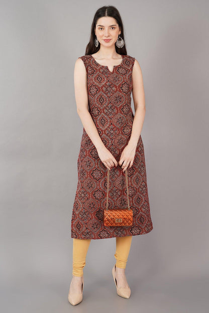 Maroon Cotton Ajrakh Printed Long Kurta Navsyaa