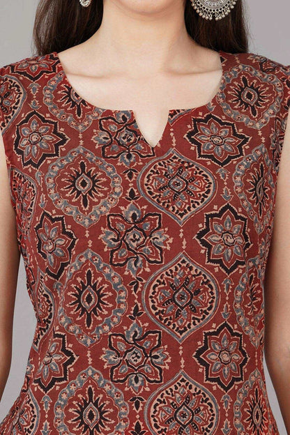 Maroon Cotton Ajrakh Printed Long Kurta Navsyaa