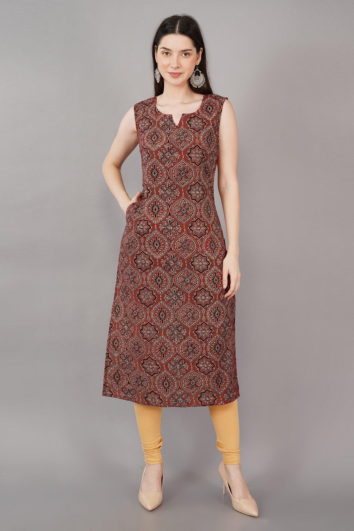 Maroon Cotton Ajrakh Printed Long Kurta Navsyaa