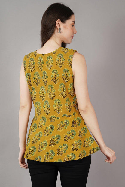 Mustard Ajrak Print Slim Fit Top Navsyaa