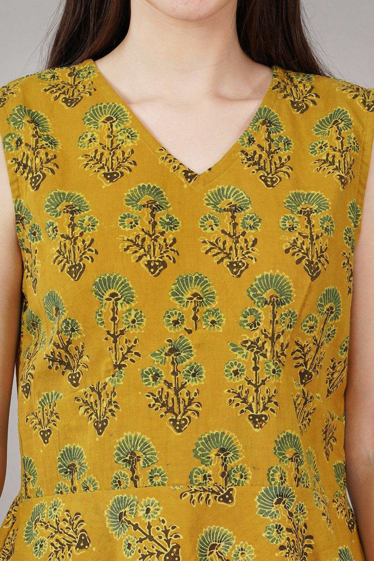 Mustard Ajrak Print Slim Fit Top Navsyaa